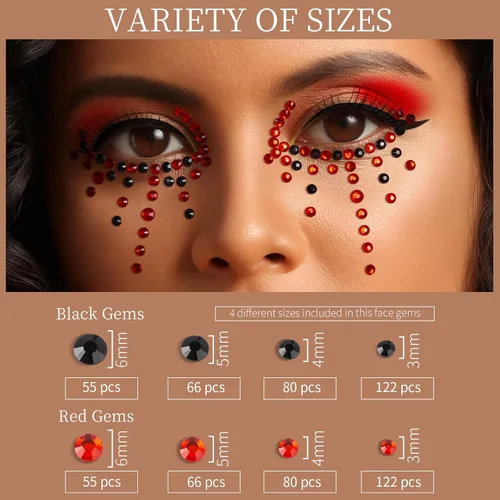 Vista 6 de Teenitor Gemas Rojas y Negras para la Cara Diamantes de Imitación Negros para la Cara Maquillaje Festival Joyas para la Cara Rojas Gemas Adhesivas