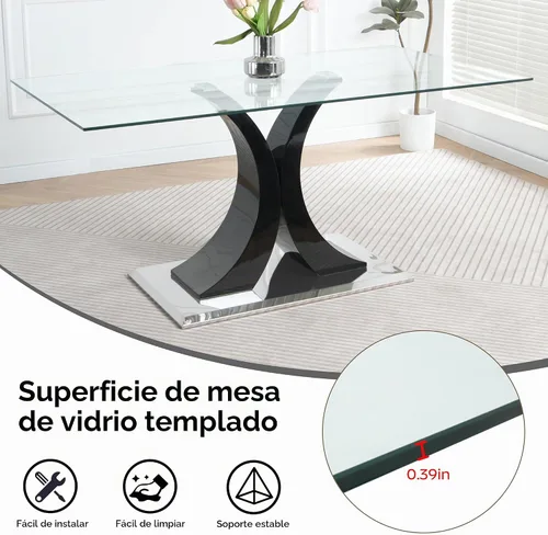 Vista 7 de Juego de comedor moderno de vidrio de lujo de 5 piezas, juego de cena rectangular minimalista grande para 4, juego de mesa de cocina de vidrio