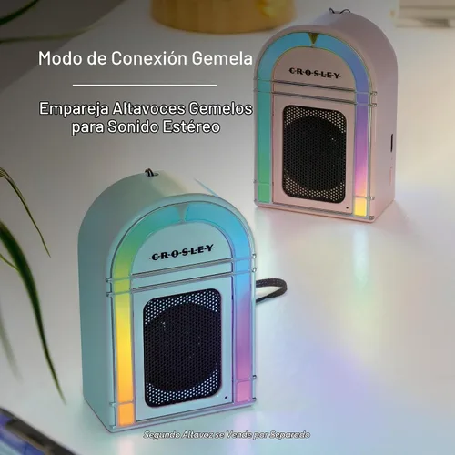 Vista 5 de Crosley CR3046A-AB Mini Jukebox Altavoz Bluetooth portátil con luces LED y micrófono, azul aguamarina