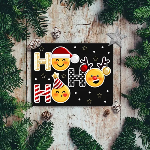 Vista 4 de Ho Ho - Tarjetas de felicitación navideñas y sobres, divertidos y lindos emoji, plegables, color negro, para Navidad y Año Nuevo, 4.25 x 5.5