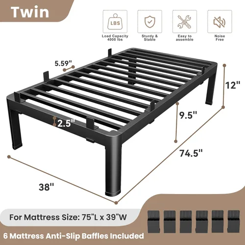 Vista 68 de MAF - Base de cama de plataforma de 14 pulgadas para cama individual con listones de madera, base de cama de metal resistente de 3500 libras