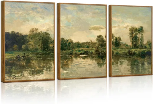 Vista 33 de Tinonedraw Arte de Pared en Lienzo Enmarcado de Paisaje de Montaña Beige, Decoración de Pared Moderna Abstracta de Mediados de Siglo, Arte de Lago