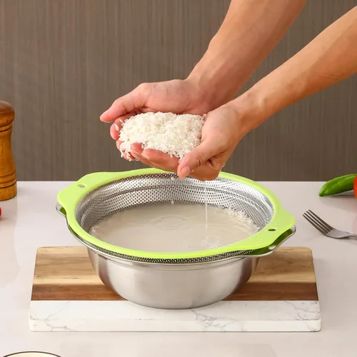 Vista 9 de Colador de acero inoxidable microporoso, colador de arroz de 2QT con tazón para mezclar, juego de tazón para lavar arroz con asa, coladores
