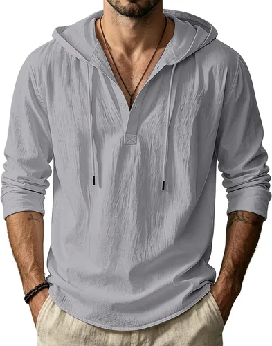 Vista 7 de Sudaderas con capucha de lino y algodón para hombre, estilo casual, manga larga, con botones, ligeras, informales, hawaianas, para la playa