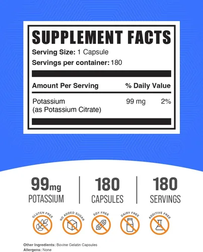 Vista 2 de BulkSupplements.com Cápsulas de Citrato de Potasio - Suplemento de Potasio, Citrato de Potasio 99mg - Suplemento de Citrato de Potasio, Píldoras