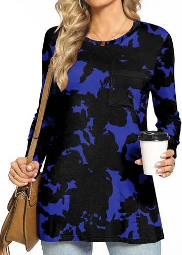 Vista 2 de HOTGIFT Blusa de manga larga con cuello redondo para mujer, para otoño, invierno, holgada, cómoda, suave, con bolsillo