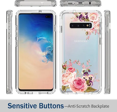 Vista 5 de Funda para Galaxy S10+ Plus SM-G975U con protector de pantalla de vidrio templado, carcasa rígida de diseño floral de cuerpo completo + funda de TPU