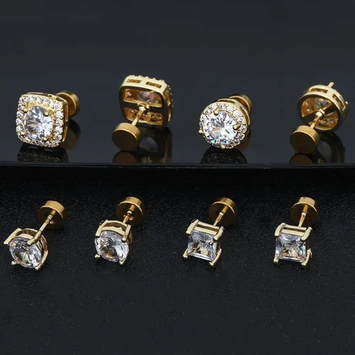 Vista 3 de NEWITIN 4 Pairs Flat Back Stud Earrings for Men Cubic Zirconia Halo Earring Dorado (Gold A)