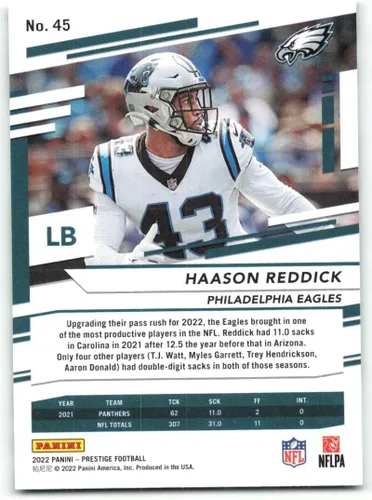 Vista 2 de Panini Prestige #45 Haason Reddick Philadelphia Eagles NFL 2022 - Trading Card