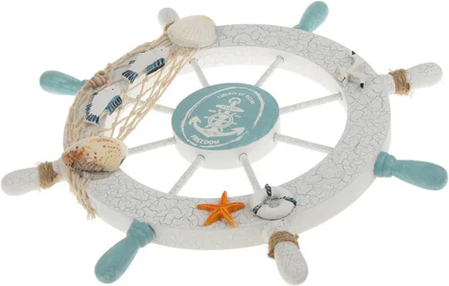 Vista 5 de Rienar Timón de barco náutico de madera para la playa con red de pesca y concha de pescado para decoración de pared en el hogar (27.9 cm de diámetro)
