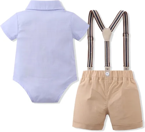 Vista 2 de Conjunto de ropa de tirantes para bebé niño con corbatín, 4 piezas, trajes de manga corta para caballeros