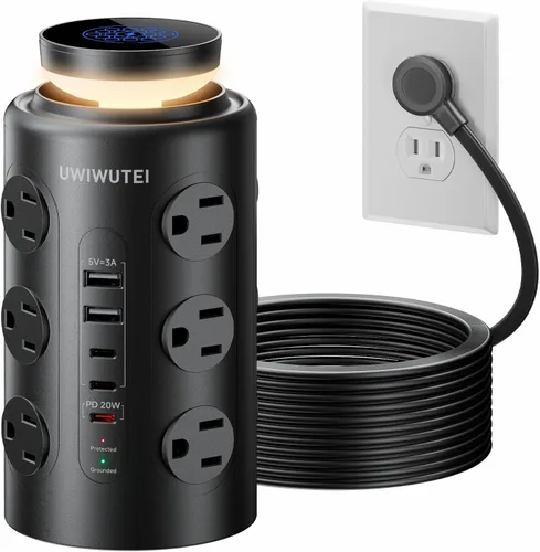 Vista 8 de Regleta de alimentación con protector de sobretensiones de torre (16 salidas de CA + 5 puertos USB incluyendo 2 tipos C), cable de extensión de 5