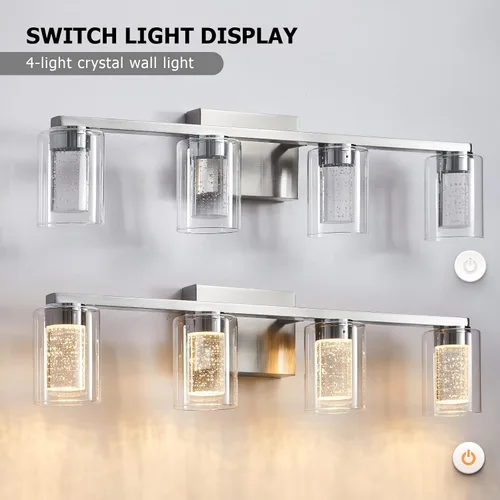 Vista 11 de SADENICEL Accesorios de iluminación de baño de 4 luces, níquel cepillado, LED regulable blanco/neutro/cálido, luces de tocador de baño de cristal