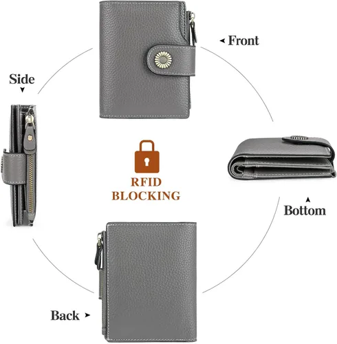 Vista 4 de FALAN MULE Cartera pequeña para mujer, de piel auténtica, plegable, compacta, pequeña, con bloqueo RFID, Gris oscuro, Casual