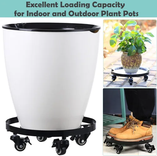 Vista 6 de Paquete de 3 posavasos de metal para plantas de 10.6 pulgadas, con ruedas, soporte rodante resistente para plantas con ruedas para interiores y Negro