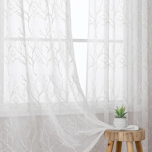 Vista 39 de VISIONTEX 2 paneles de cortinas traslúcidas de 63 in de largo, cortinas de gasa semitransparentes bordadas con hojas florales beige, bolsillo