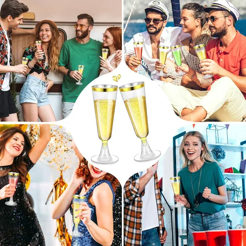 Vista 6 de Gerrii 300 copas de champán de plástico a granel, copas de champán desechables transparentes de 4.5 onzas, vasos de tostado con borde para boda