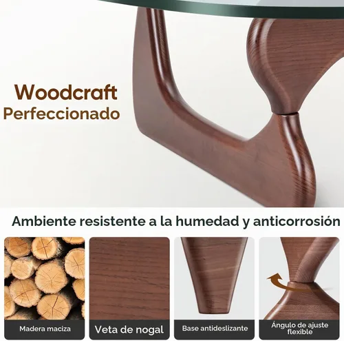 Vista 4 de Mesa de café triangular de vidrio moderna, con vidrio transparente vintage y base de madera maciza, mesa auxiliar para sala de estar, oficina, Nogal