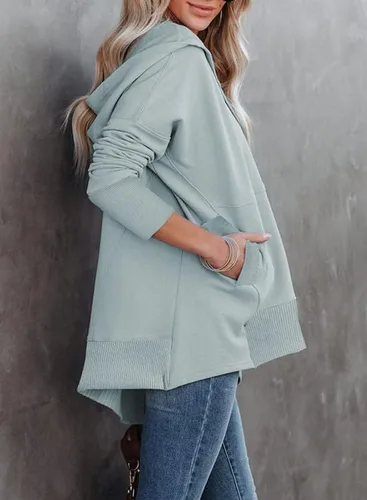 Vista 3 de SHEWIN Sudadera de gran tamaño para mujer, casual, con botones, cuello en V, con bolsillo