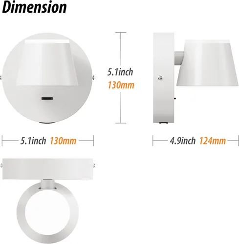 Vista 2 de URSOLA Aplique de pared LED con interruptor de encendido/apagado, puerto de carga USB, lámpara de pared cableada de 110 voltios, apliques giratorios