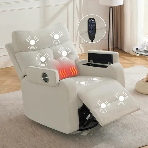 Vista 11 de Rocker - Silla reclinable para cuarto de bebé, mecedora giratoria con calor y masaje, para sala de estar, color gris claro Cuero Gris Claro