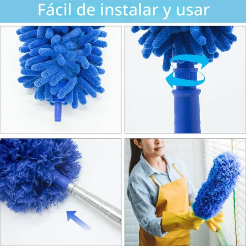 Vista 5 de Plumero de telaraña con poste de extensión, kit de plumero de limpieza lavable con 3 cabezales de plumero, plumero de telaraña, cepillo de esquina