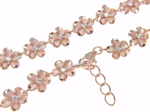 Vista 3 de Rosa de Oro 925Plata Hawaiian Fancy Plumeria Flor Tobillera CZ 8mm 9.5" +