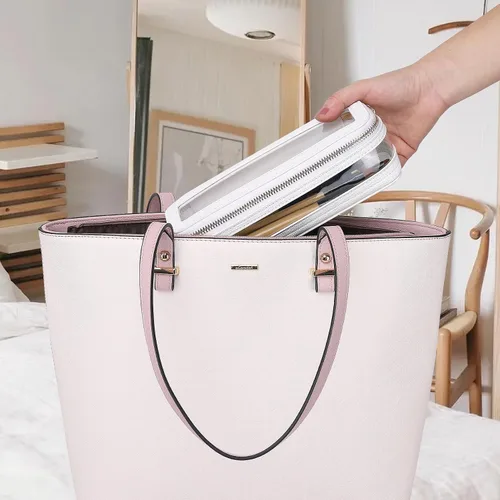 Vista 2 de Pinkmik Pequeña bolsa de maquillaje transparente, mini estuche para cosméticos, bolsa de aseo impermeable con cremallera, organizador de bolsos