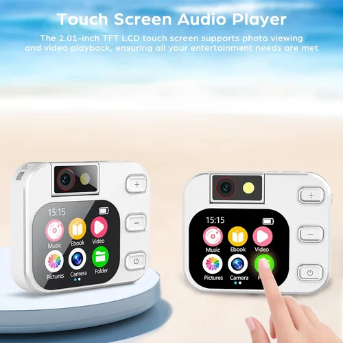 Vista 6 de Reproductor de MP3 de 64 GB con Bluetooth y cámara de 180 ° Reproductor de música MP3 portátil de 2.01 pulgadas, pantalla táctil de alta fidelidad