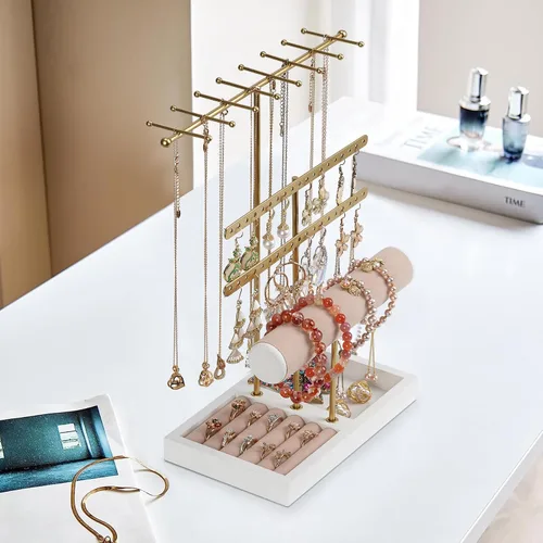 Vista 5 de JAZUIHA Organizador de joyas de 4 niveles dorado con organizador de collares, aretes, pulsera, caja de anillo, colgador para exhibición