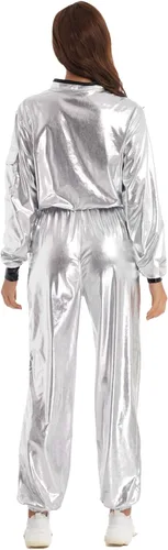 Vista 2 de Sywiyi Disfraz de astronauta para adultos, para mujeres y hombres, con cremallera metálica brillante, traje espacial plateado