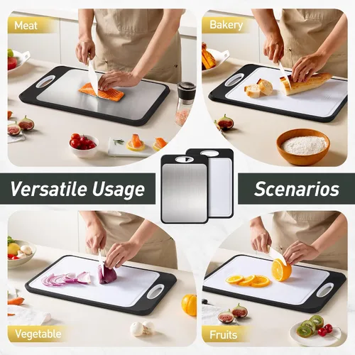Vista 6 de Tabla de cortar de acero inoxidable 2 en 1 con mango para cortar las mejores tablas de cortar no tóxicas Tablas de cortar de 2 caras para cocina