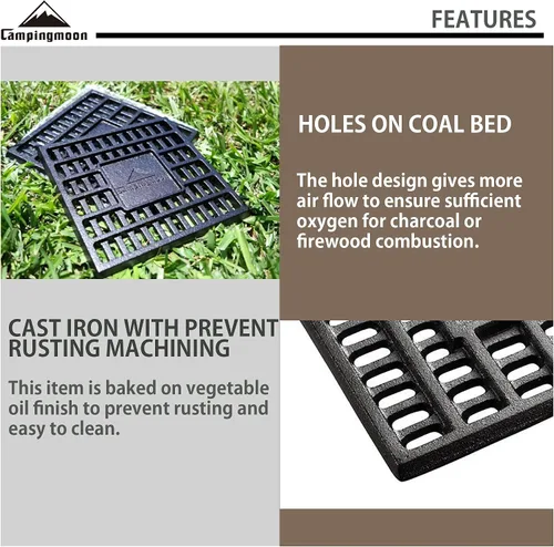 Vista 3 de CAMPINGMOON - Rejilla de carbón de 10 x 10 pulgadas con parte inferior de hierro fundido para fogatas de chimenea T-250