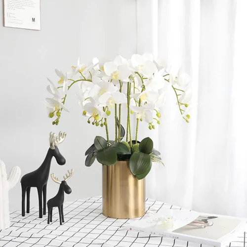Vista 4 de FagusHome 6 piezas de flores artificiales de Phalaenopsis con 2 paquetes de hojas, flores artificiales de orquídea para decoración del hogar