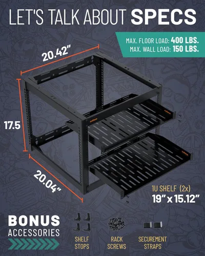 Vista 4 de ECHOGEAR Bastidor de red de 10U - Diseño de 4 postes resistente para montaje en pared, con estructura abierta que incluye 2 estantes ventilados