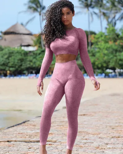 Vista 5 de OYS Conjuntos de yoga de 2 piezas para mujer, leggings de cintura alta sin costuras, pantalones cortos deportivos para correr, B-fucsia