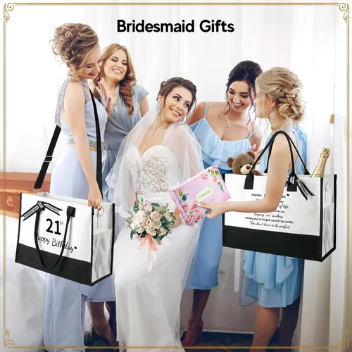 Vista 6 de TRSODD Regalos de cumpleaños para mujer, bolsa de lona con inicial con correa ajustable para el hombro y bolsa de maquillaje, regalos para mamá