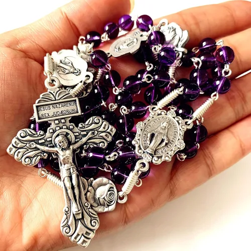 Vista 7 de elegantmedical Collar de cruz de rosario hecho a mano con cuentas de amatista católica, nuestra Señora de Gracia, caja de regalo