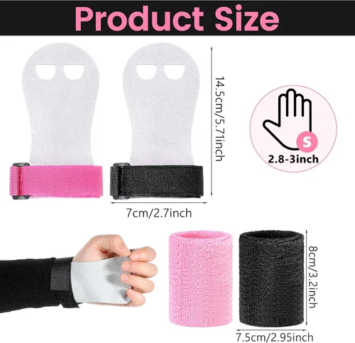 Vista 2 de Juego de 2 pares de guantes de gimnasia para bares y niñas, juegos de muñequeras de gimnasia rosa y negro con muñequeras para barra de gimnasia