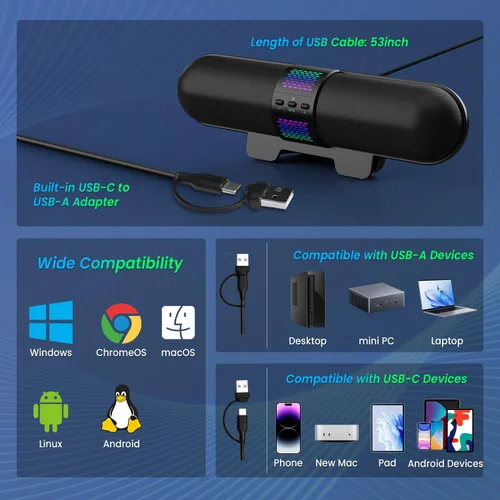 Vista 8 de BESTISAN Altavoz para computadora, conexión Bluetooth 5.3/USB con cable A/C, 6 modos de luz RGB, barra de sonido