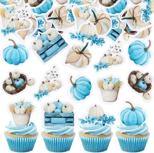 Vista 13 de 24 adornos para cupcakes de calabaza con purpurina, decoraciones de baby shower, tema de cosecha de otoño, suministros para fiestas de cumpleaños
