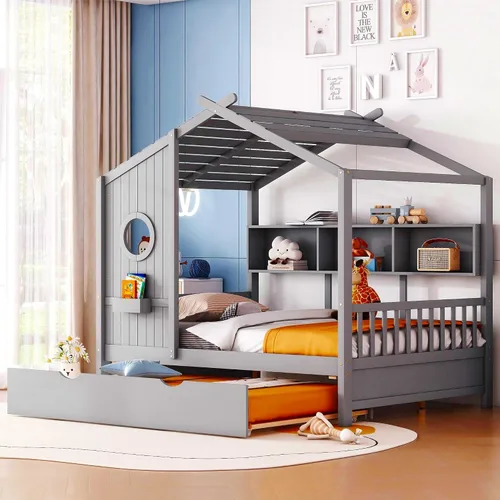Vista 19 de Cama de casa con tienda y estantería, 2 cajones, carga USB Espresso-tt