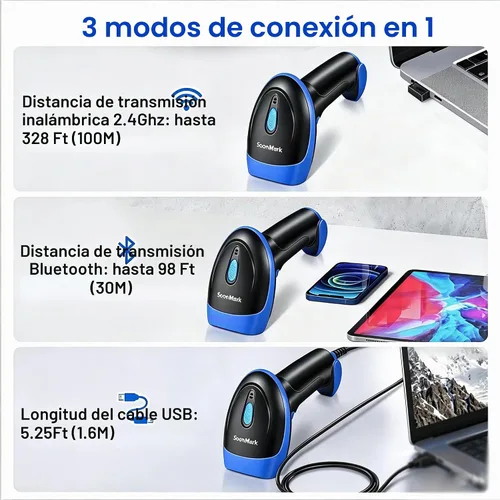 Vista 2 de Escáner de código de barras CCD inalámbrico Bluetooth 2D 1D, lector de código de barras de código QR portátil para almacén de supermercado POS