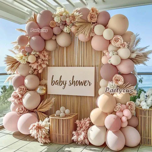 Vista 7 de Arco de globos de color rosa claro y beige con doble relleno, color malva, color nude y blanco crema mate, kit de guirnalda de globos para baby Rosa