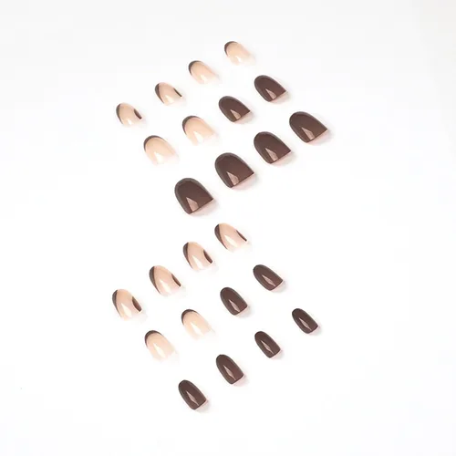 Vista 4 de Uñas postizas cortas a presión, uñas postizas de otoño con punta francesa, color marrón, cobertura completa, con diseños de remolinos marrones, uñas
