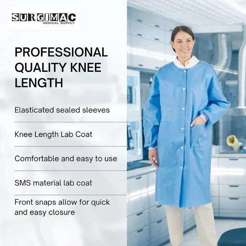 Vista 3 de Abrigos de laboratorio desechables, hasta la rodilla, vestidos desechables SMS, abrigo de laboratorio de química unisex, bata médica desechable
