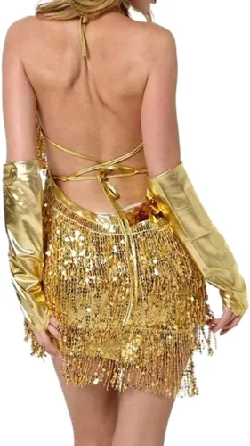 Vista 5 de REETAN Falda de vientre de moda con guantes de lentejuelas y borlas, vestido de baile, falda de baile rave, disfraz de rendimiento para mujeres