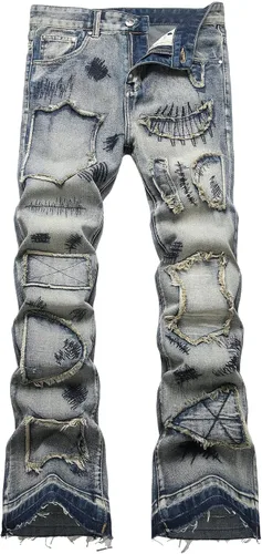 Vista 32 de Baylvn - Pantalones de mezclilla para hombre con diseño patchwork, ajustados y cómodos, estilo motociclista 3132 Camuflaje y azul