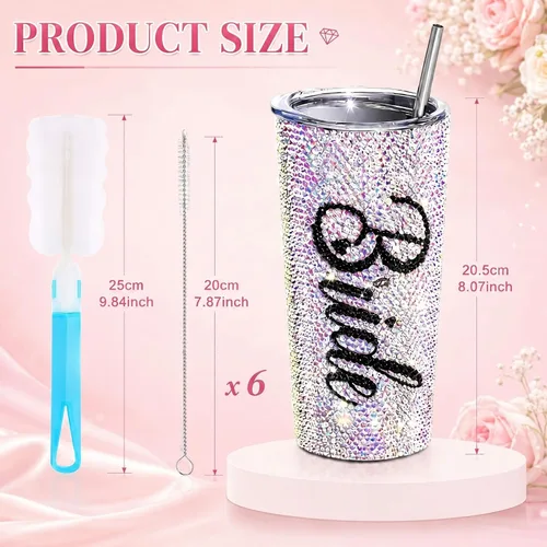 Vista 2 de Vesici Vaso de novia con diamantes brillantes de 20 onzas, taza de novia aislada con popote y tapa, regalos de boda para fiesta de compromiso
