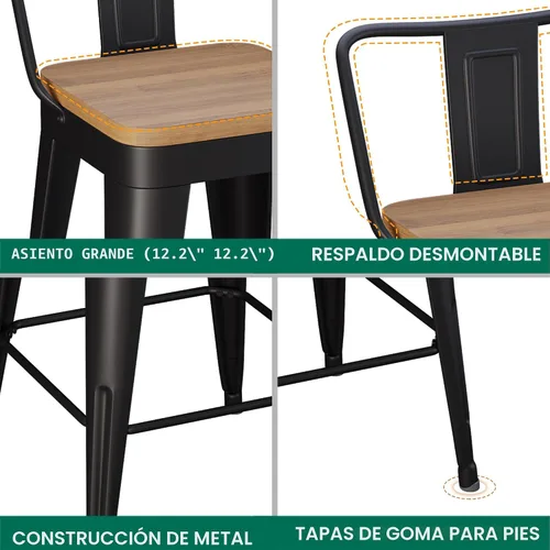 Vista 6 de WENTMENT Juego de 4 taburetes de bar de metal con respaldo extraíble de 24 pulgadas con asiento de madera, color negro